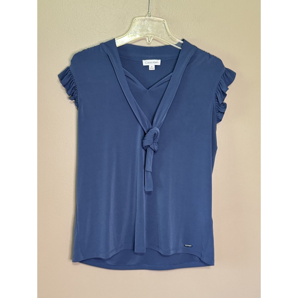 Calvin Klein Blue Short Sleeve Blouse Mock Tie Ruffle M S31TM97A